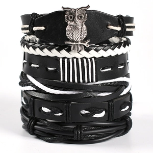 Punk owl charm multilayer leather bracelet set for men featuring vintage silver wing accents