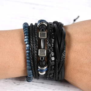 Detail view of multi-layer leather bracelet with blue beads and Phil 4:13 metal charm