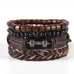 Five-piece multi-layer bracelet set with leather weave, wood beads, and dumbbell charm