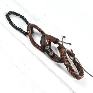 Multilayer genuine leather bracelet set for men featuring a metal dumbbell and braided strap