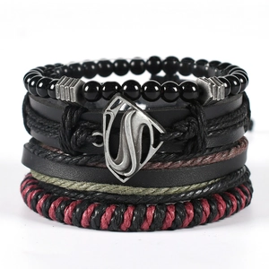 Mens punk multi-layer leather bracelet set with silver alloy wing and Superman logo charm