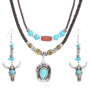 Ensemble collier en cuir turquoise occidental et boucles d'oreilles tête de taureau retro