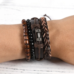 Men's multilayer leather bracelet set with alloy dumbbell and vintage woven beads