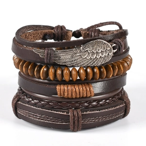 Men's multilayer leather bracelet set with silver wing charm and brown beads