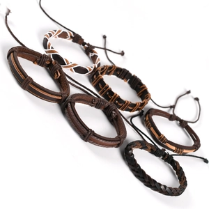 Detail of 6-piece men's braided leather bracelet set with adjustable punk rock cords