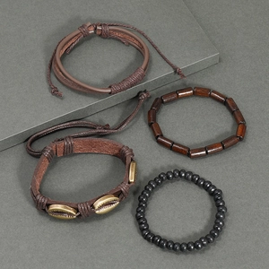 Bohemian brown leather bracelet set for men with wood beads and metal shell charm