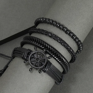 Vintage Multi Layer Leather Bracelet For Men Handmade Braided Rope Wood Beads Helm Pendant Nautical Punk Jewelry Accessory