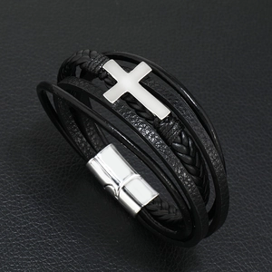Men's multilayer braided leather cross bracelet with magnetic clasp in silver finish