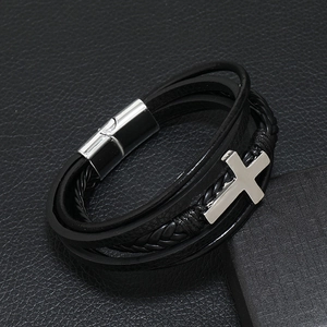Men's multilayer braided black leather cross bracelet with a magnetic steel clasp