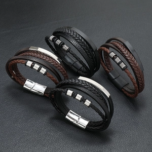Vintage Multilayer Braided Leather Bracelet Alloy Magnet Buckle Punk Casual Style Hand-Woven Fashion Jewelry For Men