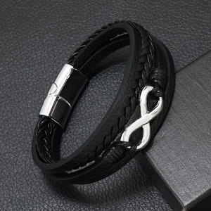 Men's multilayer black braided leather infinity bracelet with silver magnetic metal clasp