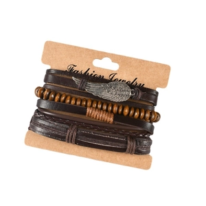 Retro multi-layer leather bracelet set with silver angel wing charm and wooden beads