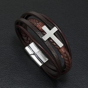 Men's multi-layer woven brown leather bracelet with silver cross and magnetic clasp