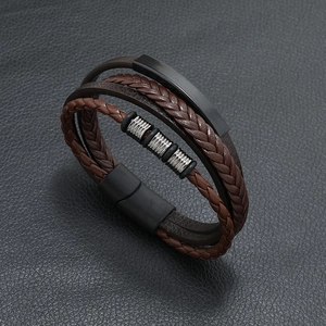 Men's multilayer braided leather bracelet with brown texture and black magnetic clasp