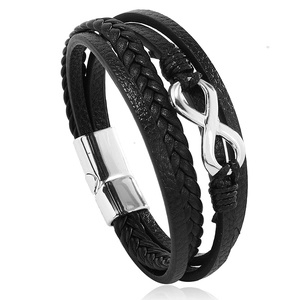 Men's multilayer woven leather infinity bracelet with silver magnetic metal clasp