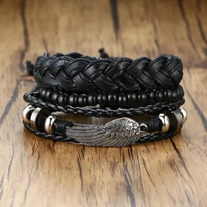 Vintage Leder Geflochten Mehrlagig Armband Set Legierung Flügel Löwe Faith Metall Anhänger Handgefertigt Punk Schmuck Für Damen Herren