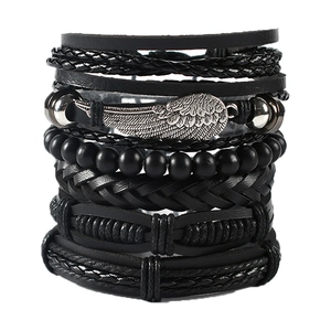 Punk multilayer woven leather bracelet set with silver owl wing and bead charms