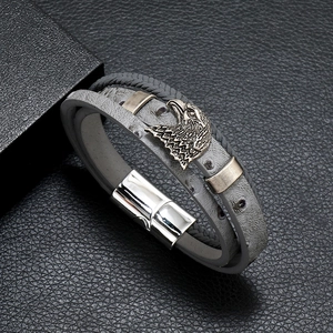 Men's multilayer leather bracelet with eagle charm and silver magnetic clasp