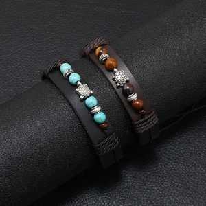 Braccialetto Vintage Multistrato in Pelle Intrecciata Con Ciondolo a Tartaruga in Lega Perline in Occhio di Tigre e Turchese Gioielli Etnici Per Uomo Donna