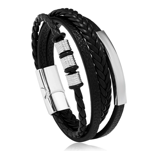 Men's multilayer braided leather bracelet with silver magnetic clasp and metal beads