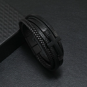 Men's multi-layer black braided leather bracelet with magnetic clasp and cross charm