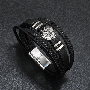 Viking Vegvisir compass multi-layer black braided leather bracelet with magnetic clasp