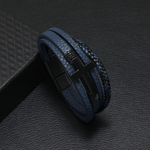 Men's multi-layer braided leather bracelet with black metal cross and magnetic clasp