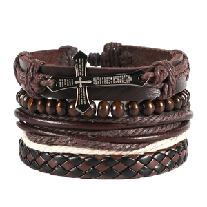 Retro multi-layer leather bracelet with wooden beads and engraved metal cross