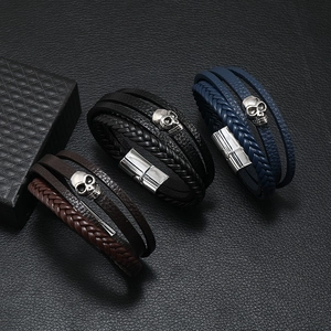 Men Multi Layer Leather Bracelet Skull Alloy Charm Punk Braid Cord Wristband With Magnetic Buckle Retro Gothic Jewelry