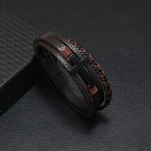 Men's multi-layer braided leather bracelet with black cross and magnetic clasp
