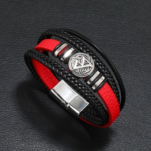 Men's multilayer braided leather bracelet with Nordic compass disk and magnetic buckle