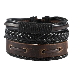 Retro multi-layer leather bracelet set with woven ropes and bronze metal eyelets
