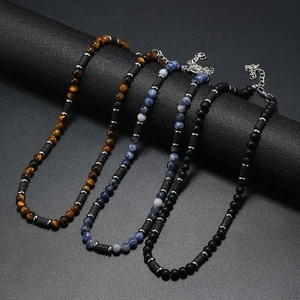 Collana di Perline Fatta a Mano in Pietra Lavica e Occhio di Tigre Naturale per Uomo Stile Bohemién Minimalista Regolabile Gioielli