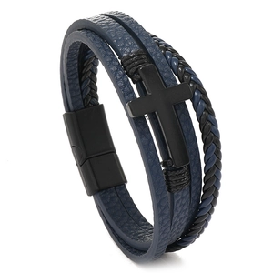 Men's multilayer braided leather bracelet with black metal cross and magnetic clasp
