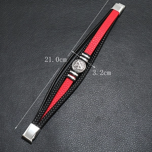 Detail view of multi-layer woven leather bracelet showing 21cm length and 3.2cm width