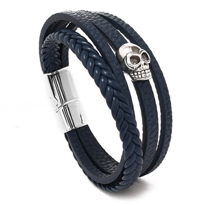 Navy blue multi-layer punk leather bracelet with silver skull charm and magnetic clasp