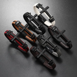 Men Retro Handwoven Leather Cross Bracelet Punk Style Alloy Magnetic Clasp Braided Wristband Religious Jewelry For Men
