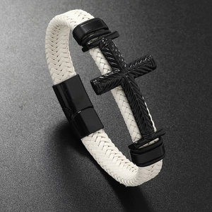 Men's braided white leather bracelet with black cross metal charm and magnetic buckle