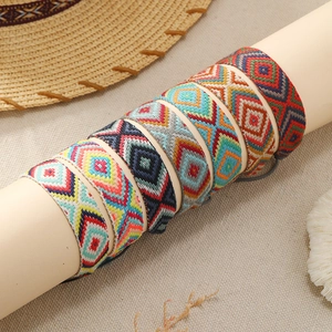 Bohemian Ethnic Vintage Handmade Woven Bracelets Multicolor Geometric Diamond Pattern Adjustable Fashion Jewelry For Women