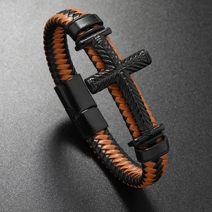 Retro cross pendant woven leather bracelet with magnetic metal clasp for men