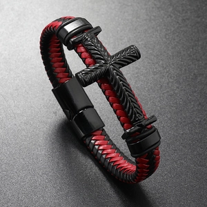 Men's punk braided leather bracelet with black metal cross and magnetic clasp closure