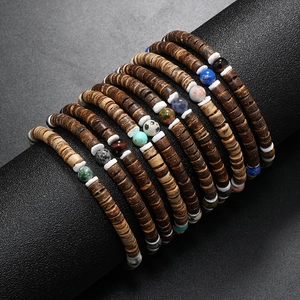 Bracelet Bohème Fait Main en Perles de Pierre et Coque de Noix de Coco Naturelle Bijoux Ethniques Élastiques Mixte