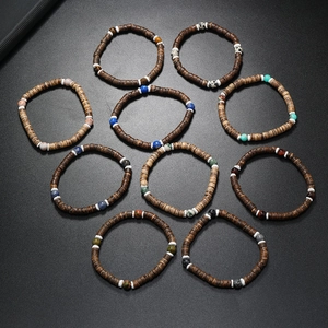 Lot de 10 bracelets ethniques minimalistes en écorce de coco avec pierres naturelles