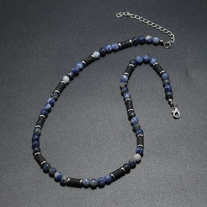 Men's bohemian beaded necklace with blue marble stones and black lava rock accents