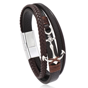 Bracelet multicouche en cuir pour hommes avec pendentif ancre et fermoir magnétique