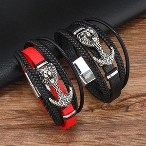 Fashion Men Braided Leather Bracelet Multi-layer Punk Style Lion Head Anchor Charms Alloy Buckle Wristband Jewelry Gift