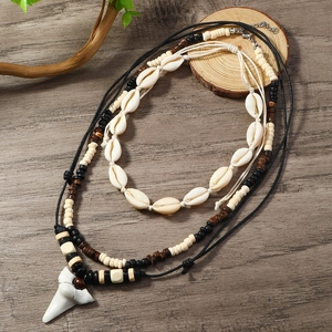 Handmade Bohemian Multi-layer Shell Shark Tooth Pendant Necklace For Men Wood Bead Beach Summer Vacation Ethnic Jewelry