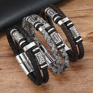 Bracelet en Cuir Perles Double Couche Viking Rétro pour Hommes Boucle Magnétique en Alliage Bijoux de Mode Nordique Tissé Main