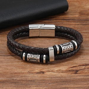 Bracelet pour homme en cuir marron double couche avec boucle magnétique et perles rétro