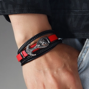Men's multilayer braided leather bracelet with vintage silver lion head anchor clasp